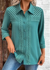 Button Patchwork Turquoise 3/4 Sleeve Shirt
