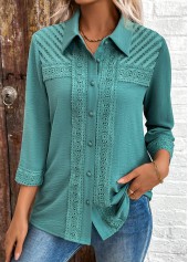 Button Patchwork Turquoise 3/4 Sleeve Shirt