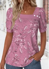Floral Print Asymmetry Dark Reddish Purple T Shirt