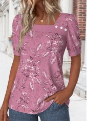 Floral Print Asymmetry Dark Reddish Purple T Shirt