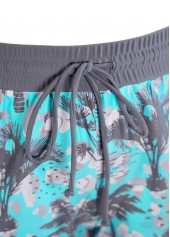 Tropical Plants Print Bowknot Cyan Tankini Set