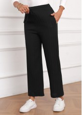 Textured Fabric Drawastring Black High Waisted Pants