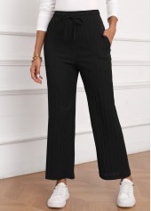Textured Fabric Drawastring Black High Waisted Pants