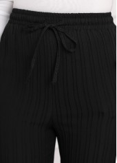 Textured Fabric Drawastring Black High Waisted Pants