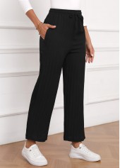 Textured Fabric Drawastring Black High Waisted Pants