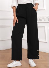 Black Elastic Waist High Waisted Button Pants