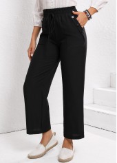 Black Elastic Waist Drawstring High Waisted Pants