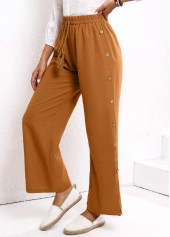 Dark Camel Elastic Waist High Waisted Button Pants