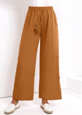 Dark Camel Elastic Waist High Waisted Button Pants