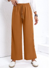 Dark Camel Elastic Waist High Waisted Button Pants