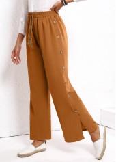 Dark Camel Elastic Waist High Waisted Button Pants