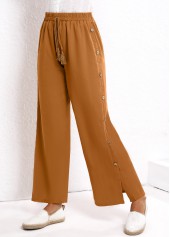 Dark Camel Elastic Waist High Waisted Button Pants
