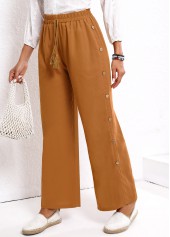 Dark Camel Elastic Waist High Waisted Button Pants
