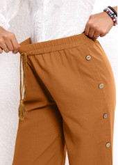 Dark Camel Elastic Waist High Waisted Button Pants
