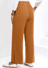 Dark Camel Elastic Waist High Waisted Button Pants