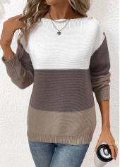 Patchwork Dark Coffee Long Sleeve Round Neck Sweater