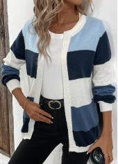 Patchwork Design Long Sleeve Blue Cardigan