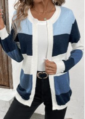 Patchwork Design Long Sleeve Blue Cardigan