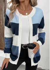 Patchwork Design Long Sleeve Blue Cardigan