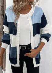 Patchwork Design Long Sleeve Blue Cardigan