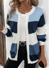 Patchwork Design Long Sleeve Blue Cardigan