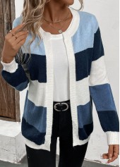 Patchwork Design Long Sleeve Blue Cardigan