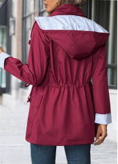 Lace Up Wine Red Long Sleeve Hooded Trench Coat