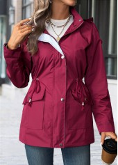 Lace Up Wine Red Long Sleeve Hooded Trench Coat