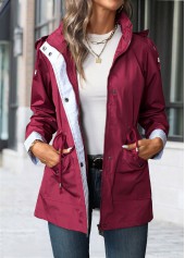 Lace Up Wine Red Long Sleeve Hooded Trench Coat