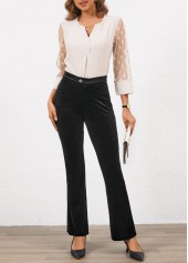 Button Black Flare Leg High Waisted Ankle-length Pants