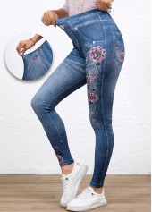 Denim-effect Print Denim Blue Elastic Waist High Waisted Leggings