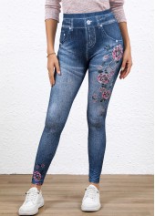 Denim-effect Print Denim Blue Elastic Waist High Waisted Leggings