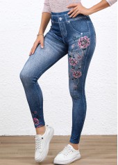 Denim-effect Print Denim Blue Elastic Waist High Waisted Leggings