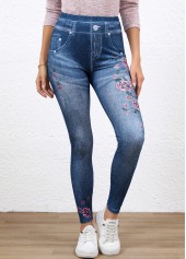 Denim-effect Print Denim Blue Elastic Waist High Waisted Leggings
