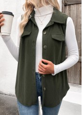 Patchwork Olive Green Sleeveless Shirt Collar Corduroy Waistcoat