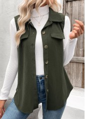 Patchwork Olive Green Sleeveless Shirt Collar Corduroy Waistcoat