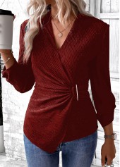 Surplice Wine Red Long Sleeve V Neck Shirt