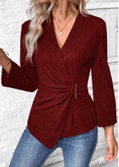 Surplice Wine Red Long Sleeve V Neck Shirt