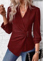 Surplice Wine Red Long Sleeve V Neck Shirt