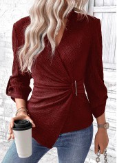 Surplice Wine Red Long Sleeve V Neck Shirt