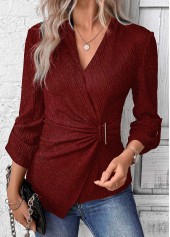Surplice Wine Red Long Sleeve V Neck Shirt
