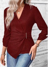 Surplice Wine Red Long Sleeve V Neck Shirt