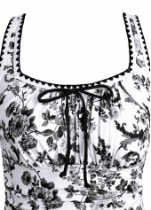 Random Floral Print Drawstring Black One Piece Swimwear