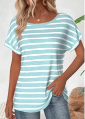 Striped Light Pink Short Sleeve Boat Neck T Shirt