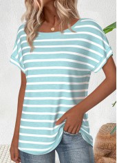 Striped Light Pink Short Sleeve Boat Neck T Shirt