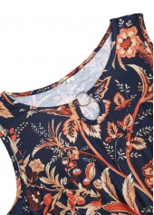 Floral Print Circular Ring Dark Blue Sleeveless Dress