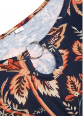 Floral Print Circular Ring Dark Blue Sleeveless Dress