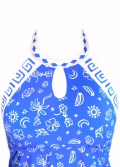 Mid Waisted Floral Print Cut Out Blue Tankini Set