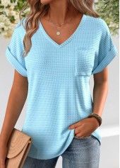 Jacquard Light Blue Short Sleeve V Neck T Shirt