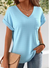 Jacquard Light Blue Short Sleeve V Neck T Shirt